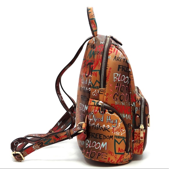 NEW Graffiti Print Backpack Brown, Black,  Multi
